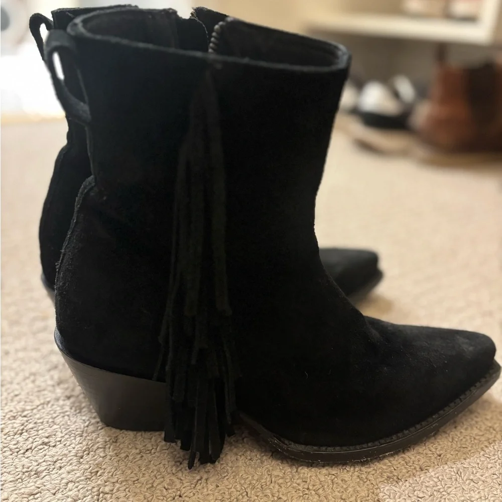 Tecovas Black Suede Ankle Boots with Fringe - Picture 3 of 7